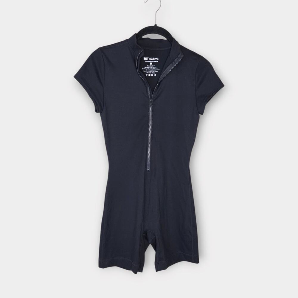 Set Active Black sportbody Zip Up Romper One Piece Shorts Athletic Women's Small